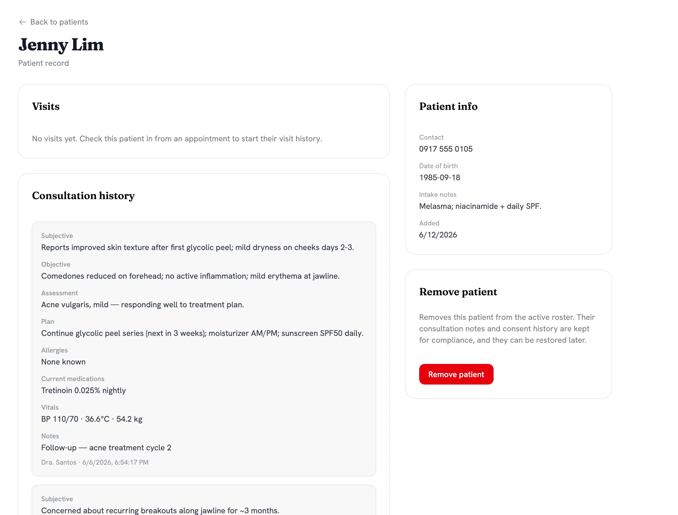 Riri patient record with SOAP consultation notes (fictional sample data)