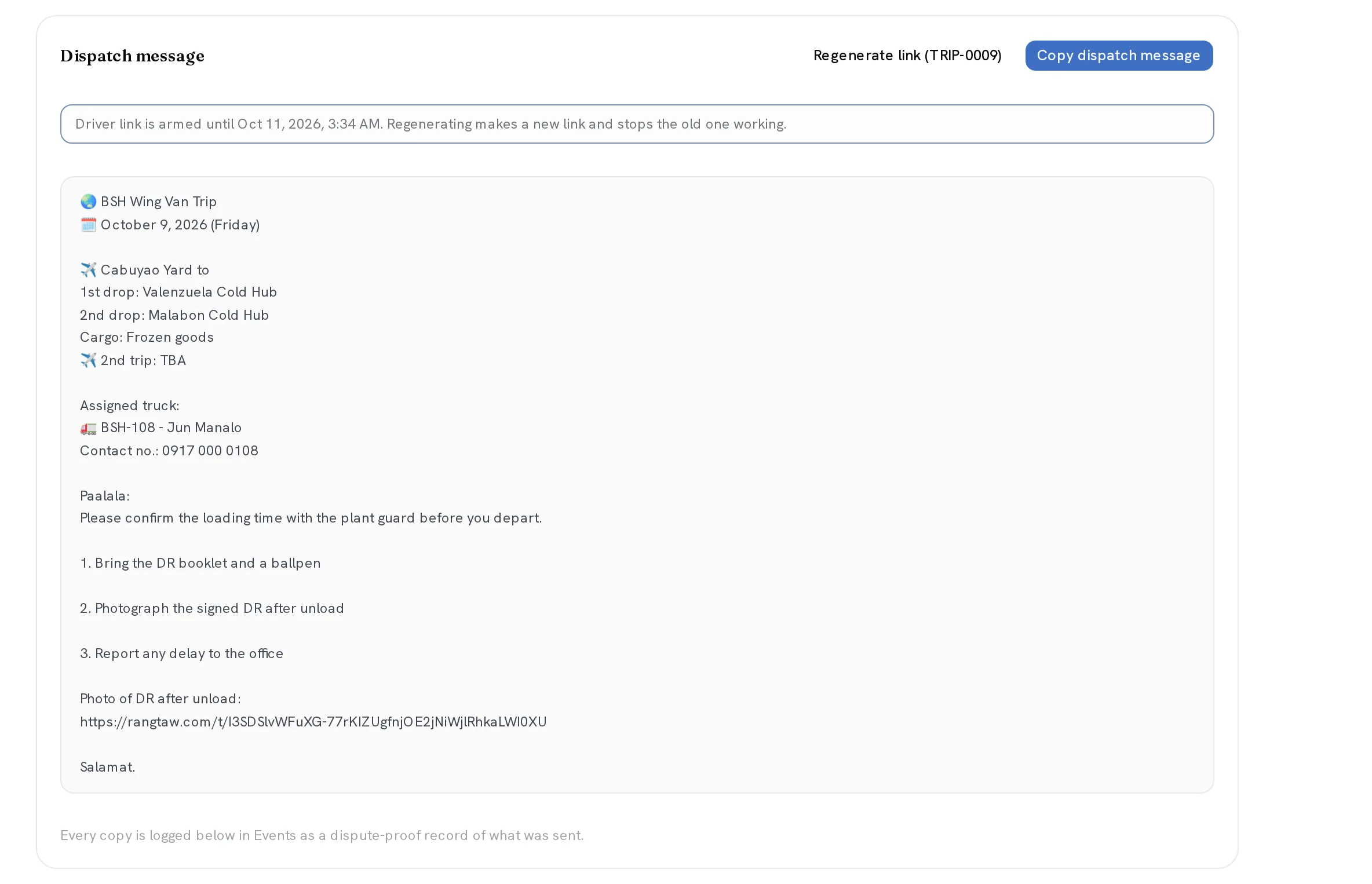 Riri dispatch message ready to copy, with truck and route detail