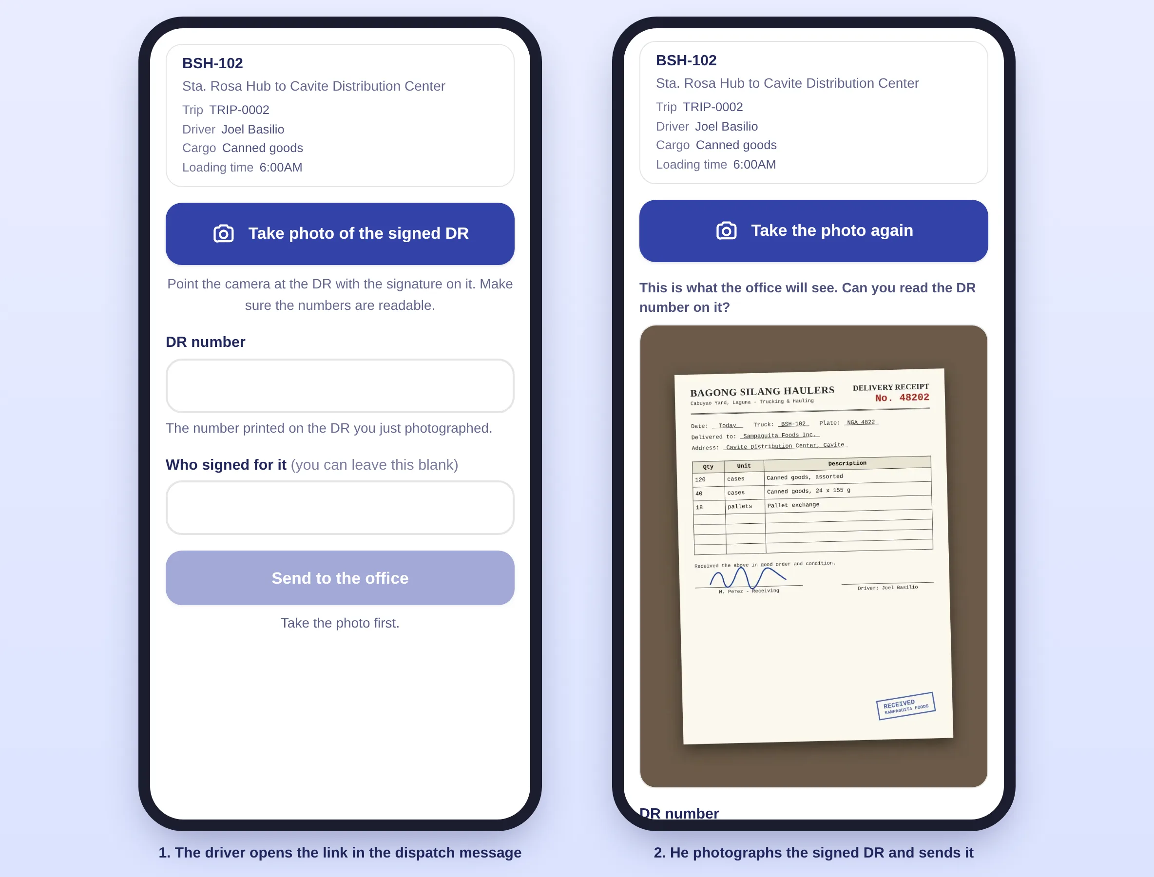 Driver proof-of-delivery page showing a photographed delivery receipt